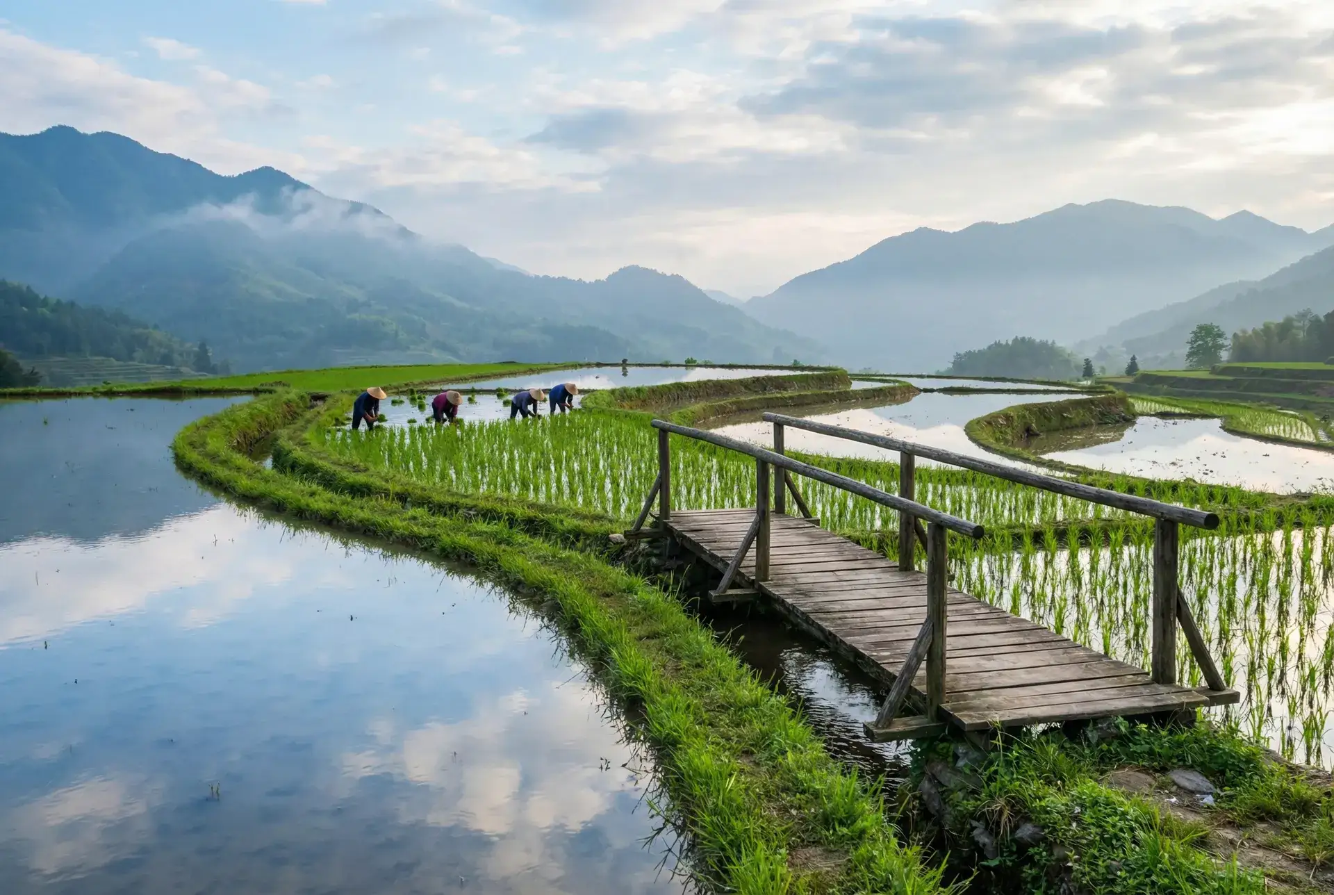 层叠梯田倒映天光，农人在水田间劳作 - 老汉推车- 田园风光