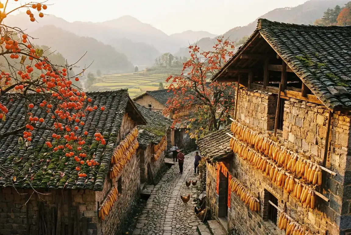 秋天的古村落石板路上挂满玉米和柿子 - 老汉推车- 乡村秋景