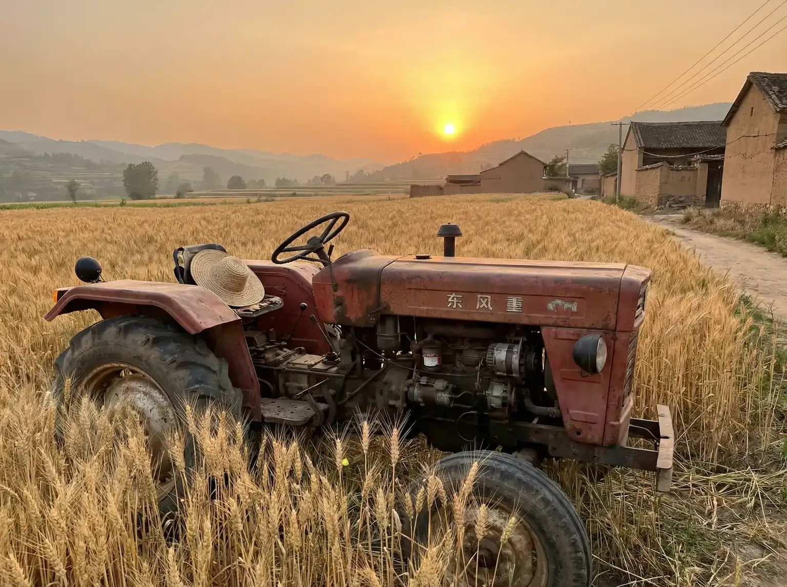 夕阳下的老式拖拉机停在麦田边 - 老汉推车- 田间记忆