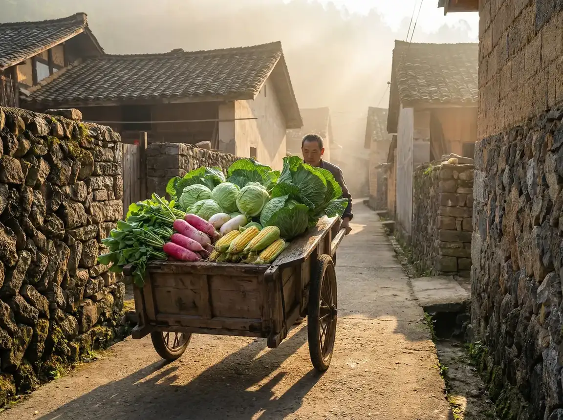 清晨推着满载蔬菜的独轮车穿过村巷 - 老汉推车- 乡间日常