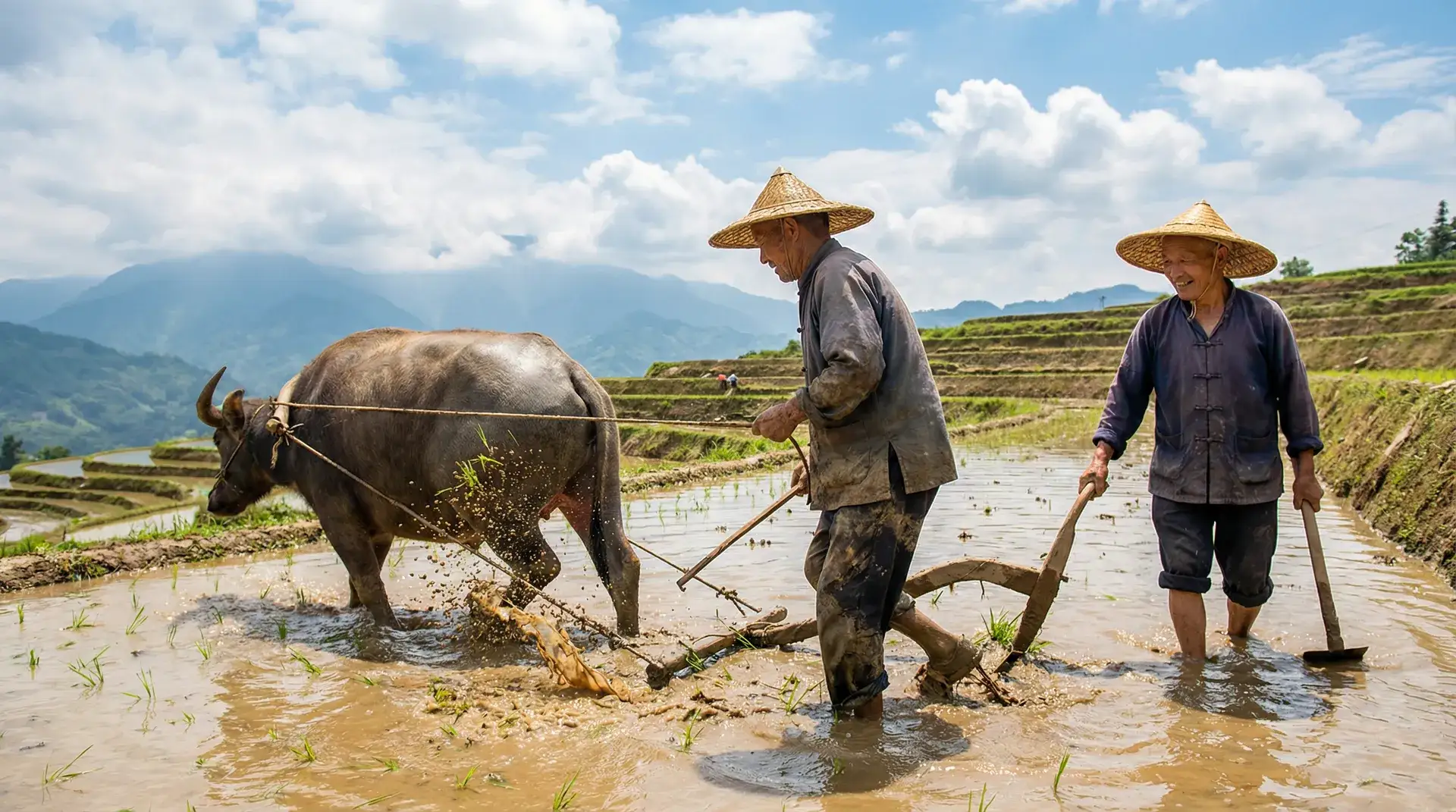 两位农人驾着水牛在梯田里犁地 - 老汉推车- 田间劳作