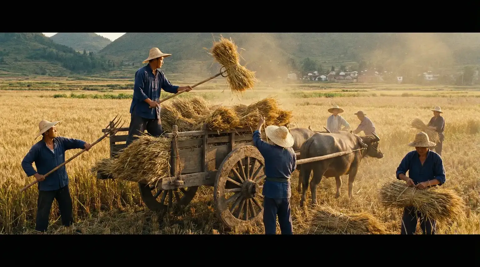 丰收季节农民们在金色麦田里装车运粮 - 老汉推车- 秋收运输